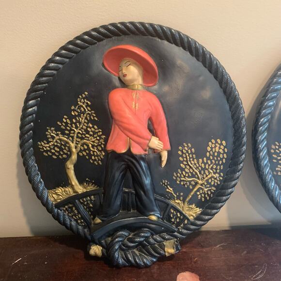 Vintage‎ MCM Mid Century Chalkware Asian Man Woman large 3D Wall Hanging Set - Picture 2 of 9